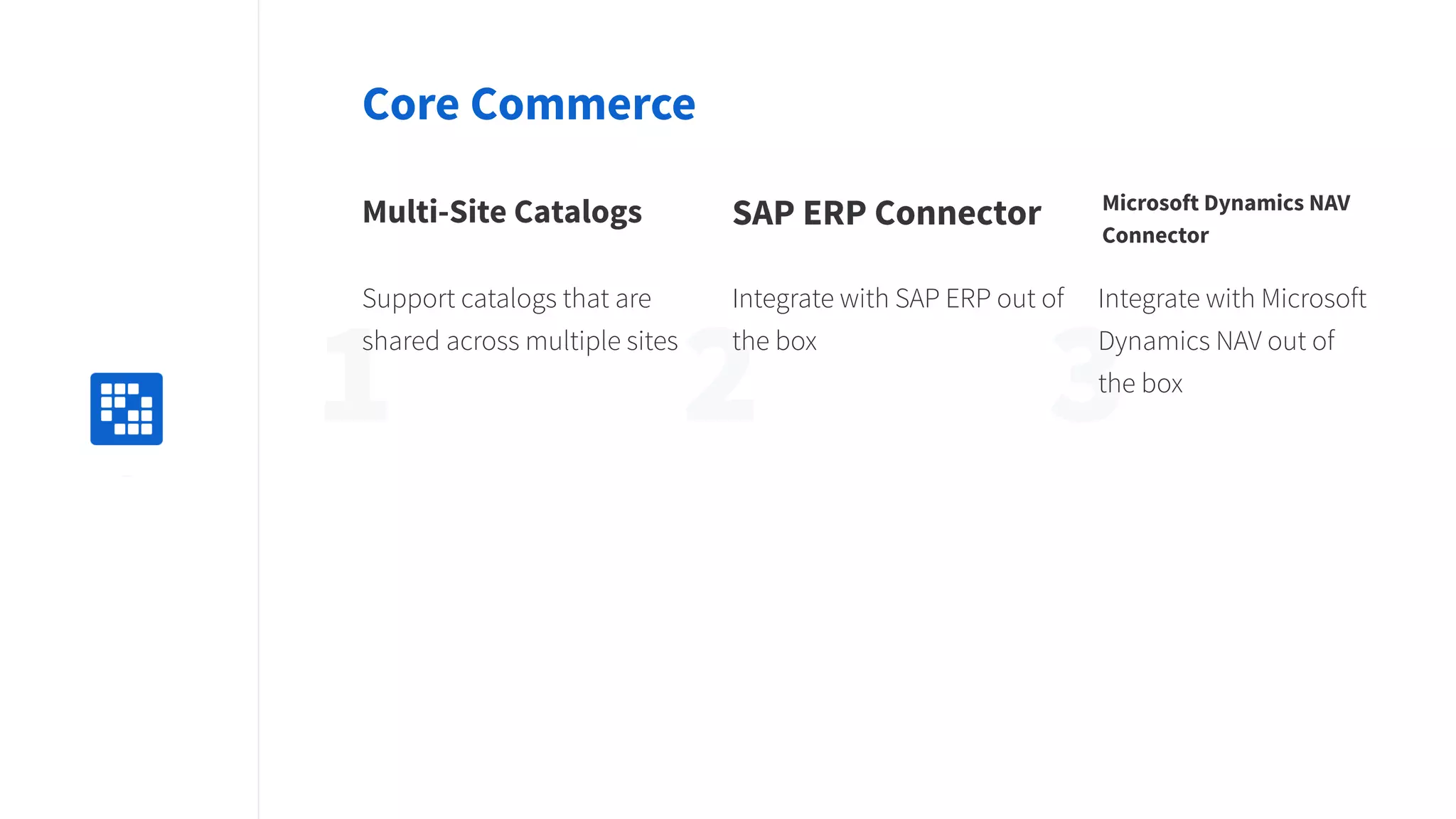 2 31Replace
with icon
100x100
Core Commerce
Multi-Site Catalogs
Support catalogs that are
shared across multiple sites
SAP ERP Connector
Integrate with SAP ERP out of
the box
Microsoft Dynamics NAV
Connector
Integrate with Microsoft
Dynamics NAV out of
the box
 