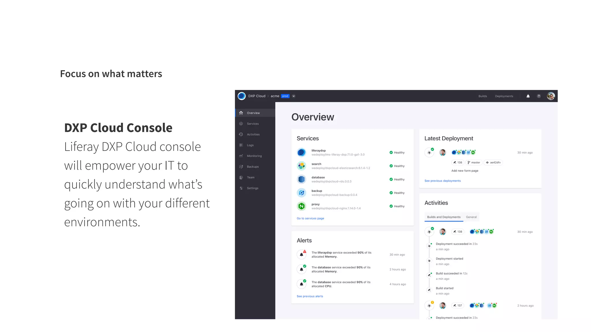 Focus on what matters
DXP Cloud Console
Liferay DXP Cloud console
will empower your IT to
quickly understand what’s
going on with your different
environments.
 