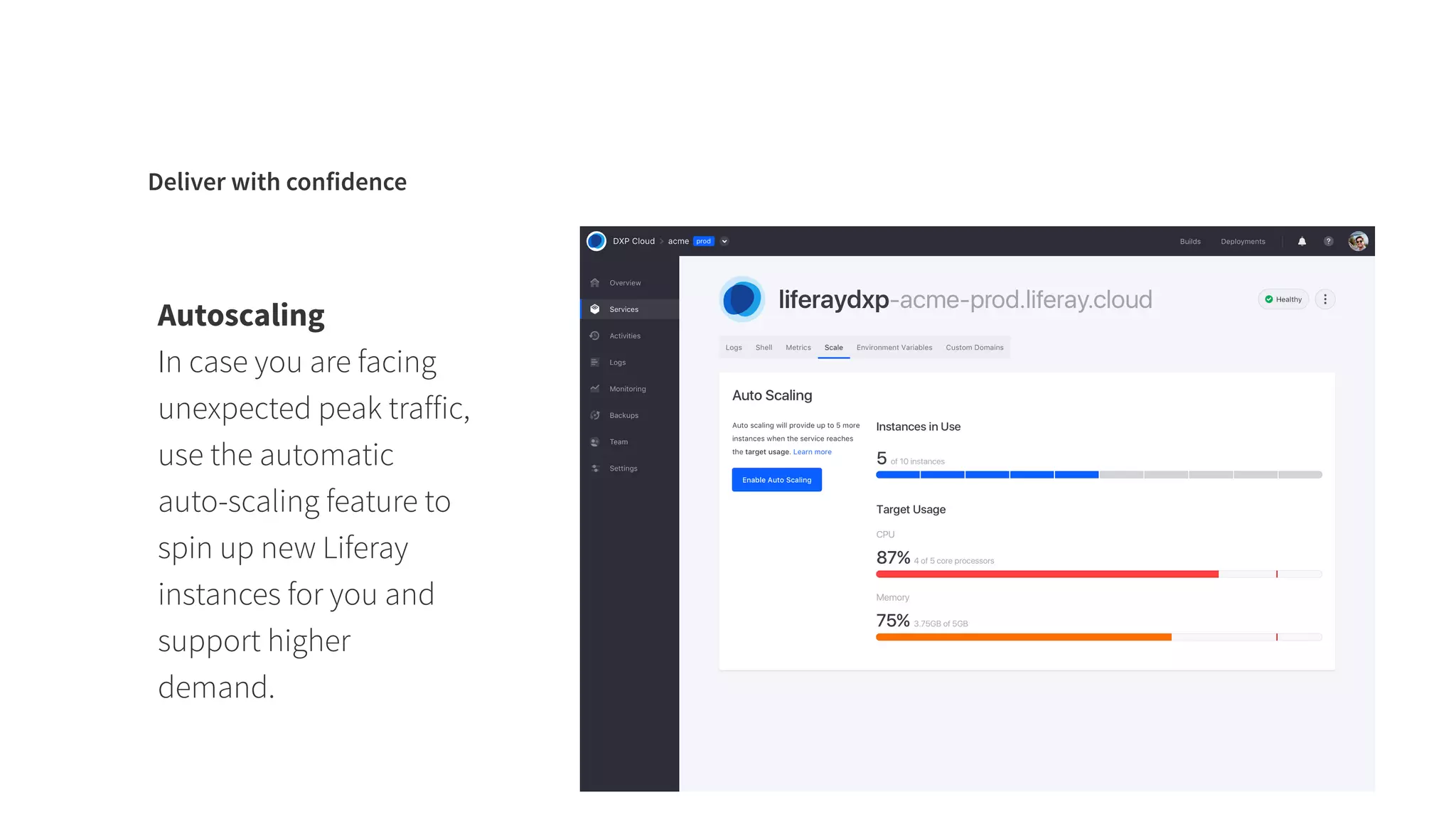 Deliver with confidence
Autoscaling
In case you are facing
unexpected peak traffic,
use the automatic
auto-scaling feature to
spin up new Liferay
instances for you and
support higher
demand.
 