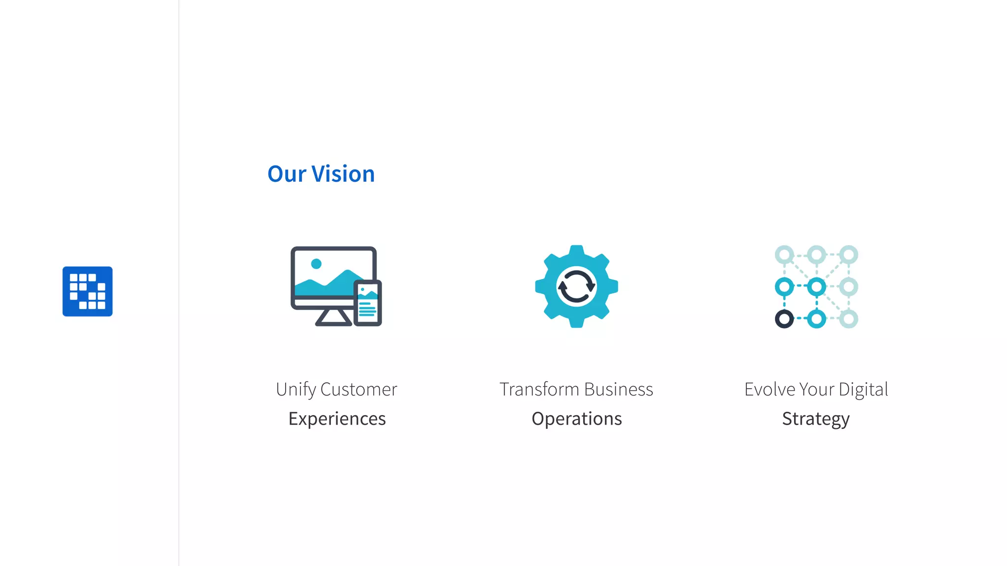 Replace
with icon
100x100
Unify Customer
Experiences
Transform Business
Operations
Evolve Your Digital
Strategy
Our Vision
 