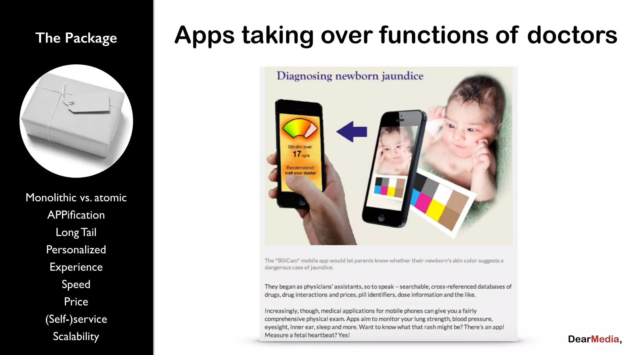 The Package Apps taking over functions of doctors 
Monolithic vs. atomic 
APPification 
Long Tail 
Personalized 
Experience 
Speed 
Price 
(Self-)service 
Scalability 
 
