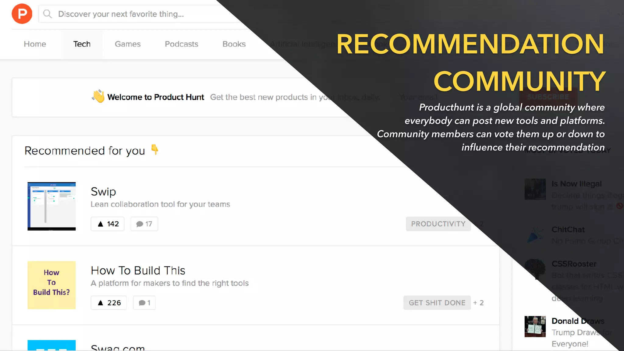 RECOMMENDATION
COMMUNITY
Producthunt is a global community where
everybody can post new tools and platforms.
Community members can vote them up or down to
inﬂuence their recommendation
 