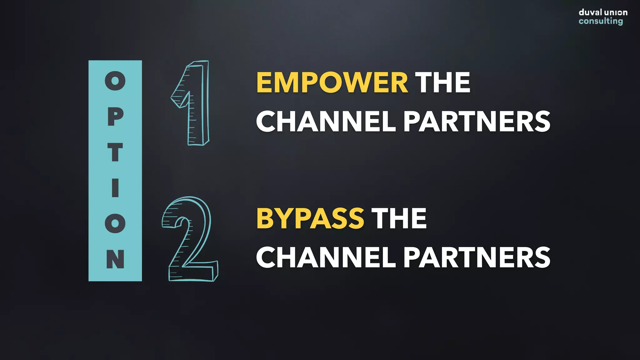 EMPOWER THE
CHANNEL PARTNERS
O
P
T
I
O
N
BYPASS THE
CHANNEL PARTNERS
 