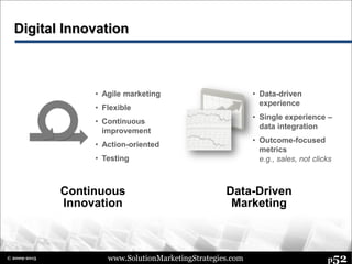 www.SolutionMarketingStrategies.com p52© 2009-2015
Digital Innovation
Continuous
Innovation
Data-Driven
Marketing
• Data-driven
experience
• Single experience –
data integration
• Outcome-focused
metrics
e.g., sales, not clicks
• Agile marketing
• Flexible
• Continuous
improvement
• Action-oriented
• Testing
 