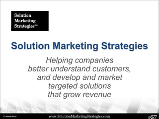 www.SolutionMarketingStrategies.com p57© 2009-2015
Solution Marketing Strategies
Helping companies
better understand customers,
and develop and market
targeted solutions
that grow revenue
 