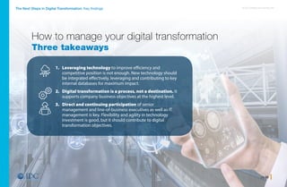 pg 16
An IDC InfoBrief, sponsored by SAPThe Next Steps in Digital Transformation: Key findings
1. Leveraging technology to improve efficiency and
competitive position is not enough. New technology should
be integrated effectively, leveraging and contributing to key
internal databases for maximum impact.
2. Digital transformation is a process, not a destination. It
supports company business objectives at the highest level.
3. Direct and continuing participation of senior
management and line-of-business executives as well as IT
management is key. Flexibility and agility in technology
investment is good, but it should contribute to digital
transformation objectives.
How to manage your digital transformation
Three takeaways
Home
 