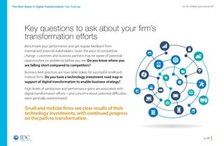 pg 17
An IDC InfoBrief, sponsored by SAPThe Next Steps in Digital Transformation: Key findings
Benchmark your performance and get regular feedback from
internal and external stakeholders. Given the pace of competitive
change, customers and business partners may be aware of potential
opportunities (or problems) before you are. Do you know where you
are falling short compared to competitors?
Business best practices are now table stakes for successful small and
midsize firms. Do you have a technology investment road map in
support of digital transformation to enable business strategy?
High levels of satisfaction and performance gains are associated with
digital transformation efforts – and concerns about potential difficulties
were generally overestimated.
Key questions to ask about your firm’s
transformation efforts
Small and midsize firms see clear results of their
technology investments, with continued progress
on the path to transformation.
Home
 