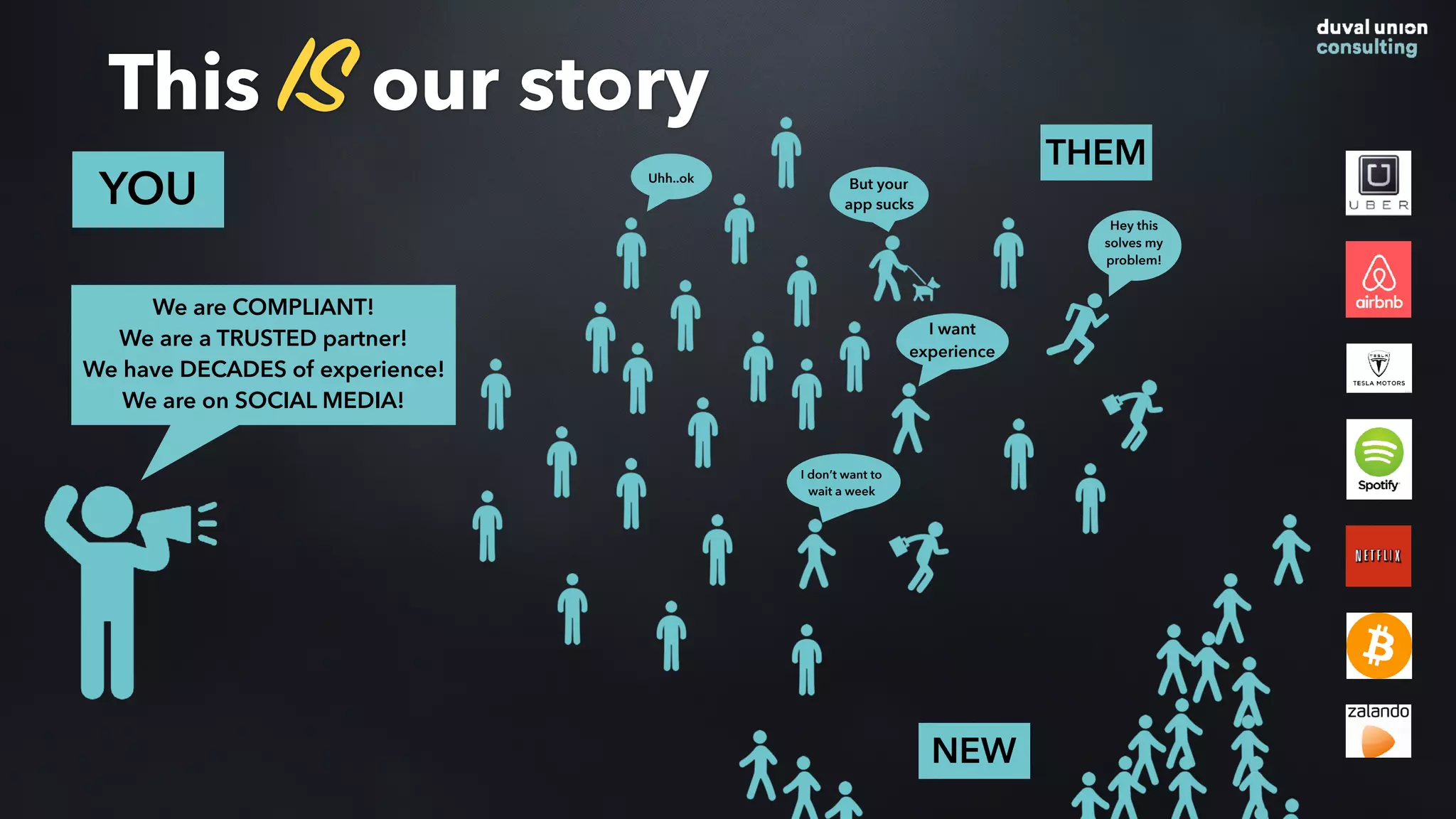 This IS our story
YOU
We are COMPLIANT!
We are a TRUSTED partner!
We have DECADES of experience!
We are on SOCIAL MEDIA!
THEM
But your
app sucks
I want
experience
Uhh..ok
Hey this
solves my
problem!
I don’t want to
wait a week
NEW
 