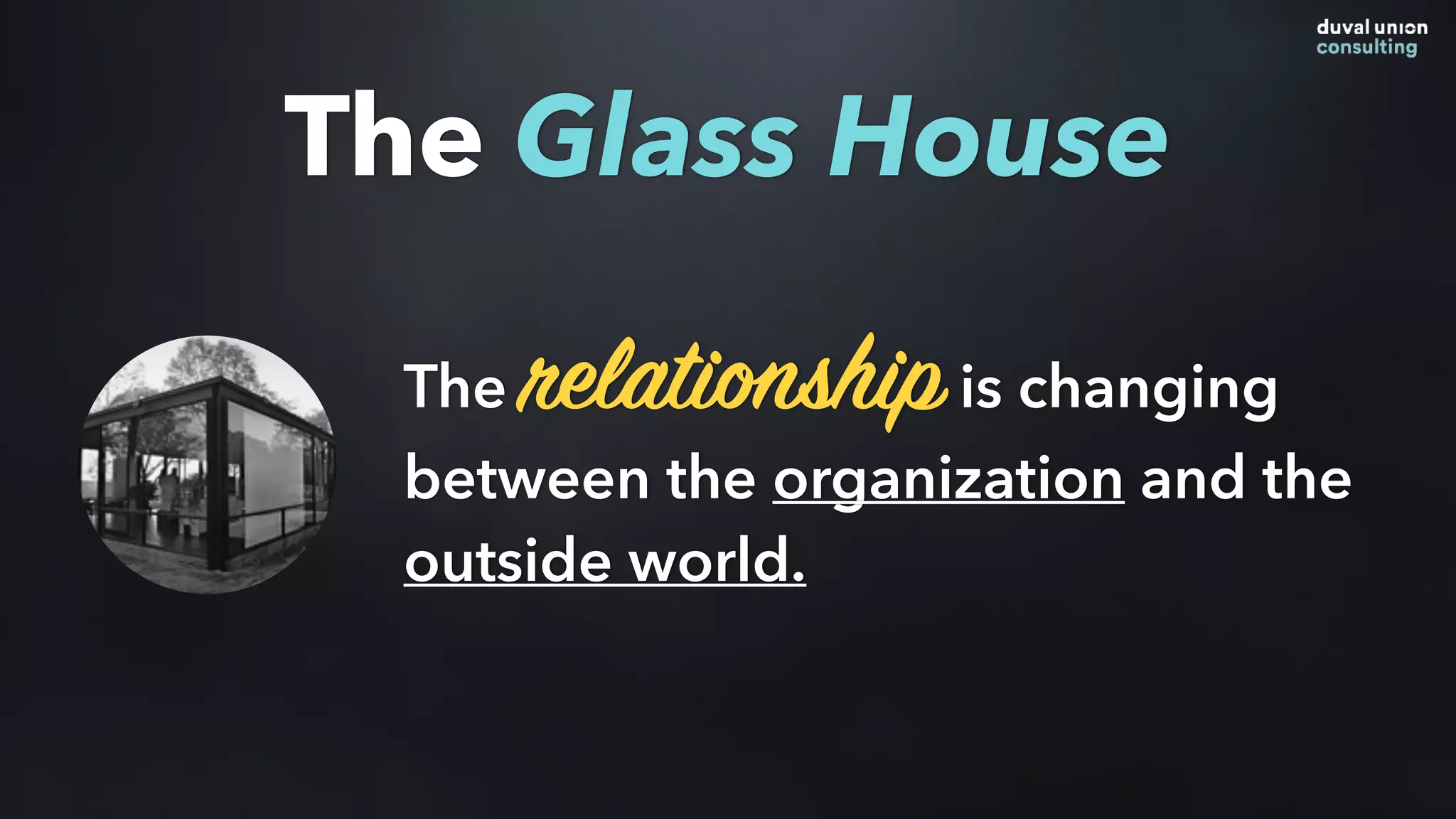 The relationshipis changing
between the organization and the
outside world.
The Glass House
The relationshipis changing
between the organization and the
outside world.
 