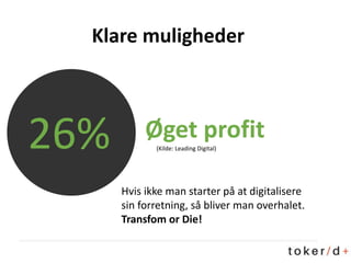 Klare muligheder
Øget profit(Kilde: Leading Digital)
Hvis ikke man starter på at digitalisere
sin forretning, så bliver man overhalet.
Transfom or Die!
26%
 