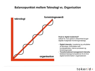 Balancepunktet mellem Teknologi vs. Organisation
Hvad er digital modenhed?
Udtryk for, hvor godt en virksomhed bruger
digitale muligheder forretningsmæssigt.
- Digital intensity: investering og udnyttelse
af teknologi i forbindelse med
kundeoplevelse, interne processer og
forretningsmodel.
- Transformational management intensity:
ledelsesmæssige kompetencer til at drive
digital transformation i organisationen
 