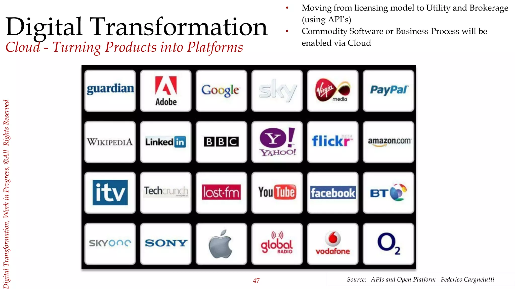 47
igitalTransformation,WorkinProgress,©AllRightsReserved
Source: APIs and Open Platform –Federico Cargnelutti
• Moving from licensing model to Utility and Brokerage
(using API’s)
• Commodity Software or Business Process will be
enabled via Cloud
Digital Transformation
Cloud - Turning Products into Platforms
 