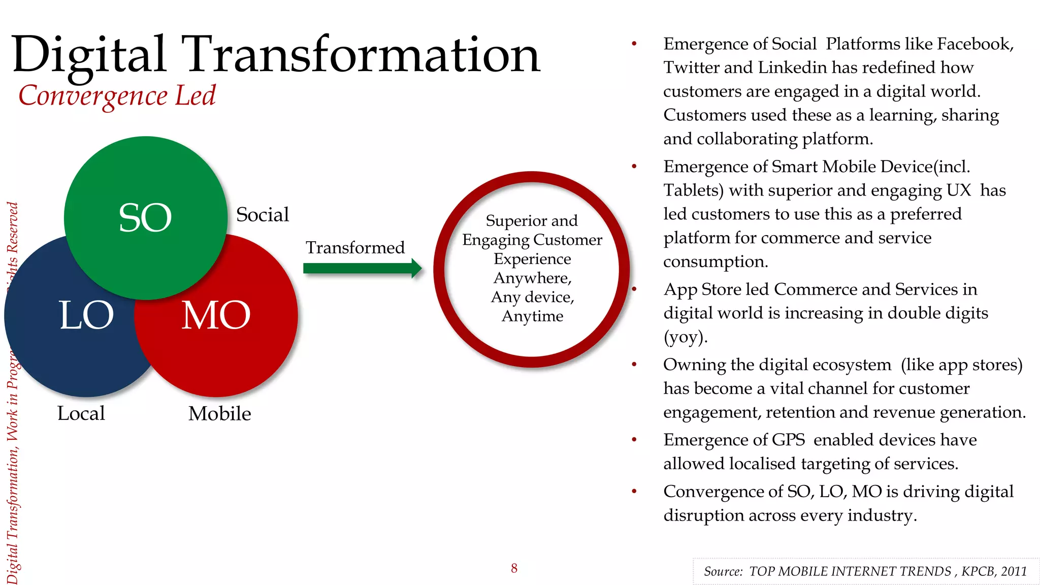 8
igitalTransformation,WorkinProgress,©AllRightsReserved
Digital Transformation
Convergence Led
• Emergence of Social Platforms like Facebook,
Twitter and Linkedin has redefined how
customers are engaged in a digital world.
Customers used these as a learning, sharing
and collaborating platform.
• Emergence of Smart Mobile Device(incl.
Tablets) with superior and engaging UX has
led customers to use this as a preferred
platform for commerce and service
consumption.
• App Store led Commerce and Services in
digital world is increasing in double digits
(yoy).
• Owning the digital ecosystem (like app stores)
has become a vital channel for customer
engagement, retention and revenue generation.
• Emergence of GPS enabled devices have
allowed localised targeting of services.
• Convergence of SO, LO, MO is driving digital
disruption across every industry.
Source: TOP MOBILE INTERNET TRENDS , KPCB, 2011
Social
Local Mobile
LO MO
SO
Transformed
Superior and
Engaging Customer
Experience
Anywhere,
Any device,
Anytime
 