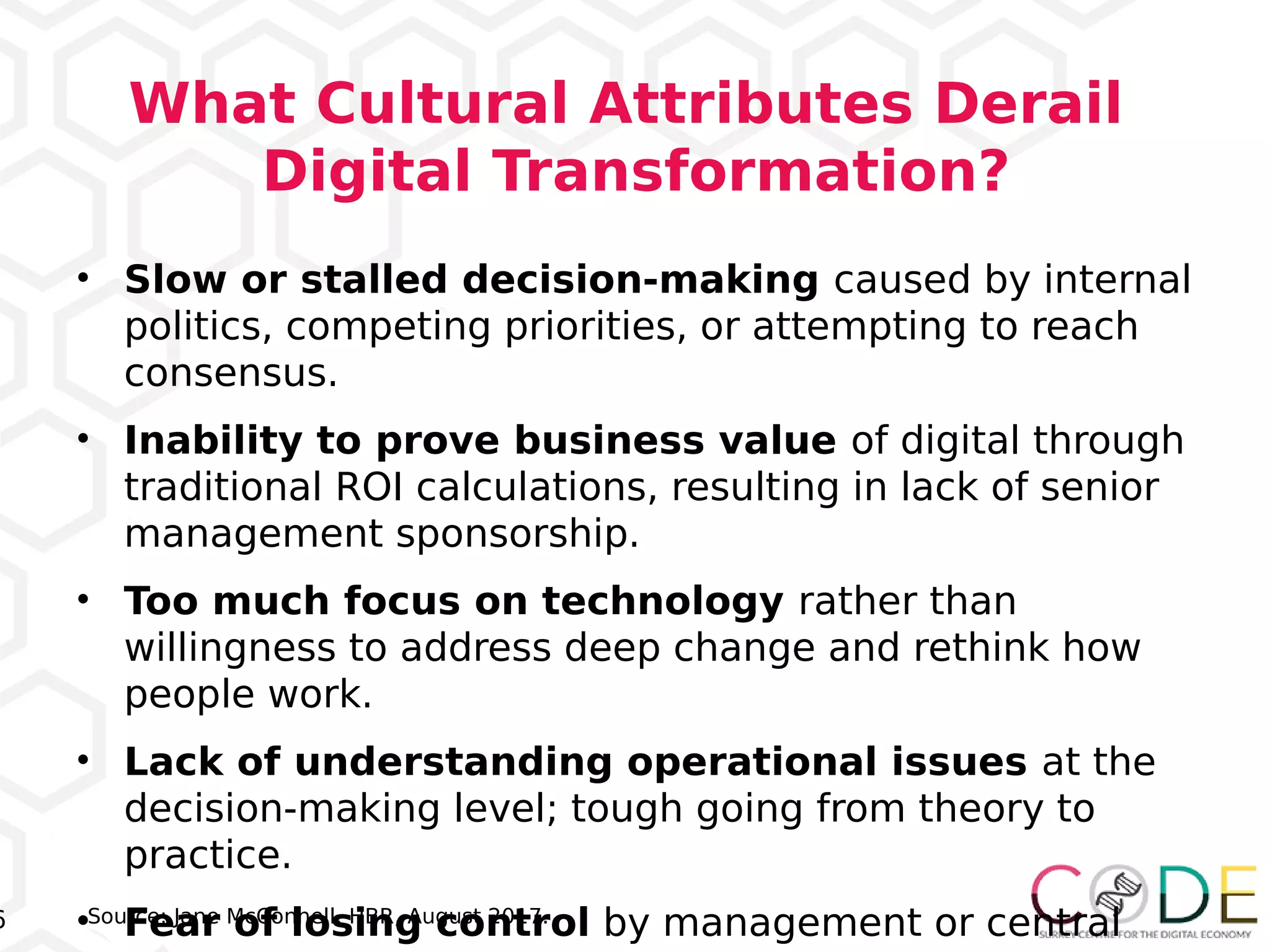 6
• Slow or stalled decision-making caused by internal
politics, competing priorities, or attempting to reach
consensus.
• Inability to prove business value of digital through
traditional ROI calculations, resulting in lack of senior
management sponsorship.
• Too much focus on technology rather than
willingness to address deep change and rethink how
people work.
• Lack of understanding operational issues at the
decision-making level; tough going from theory to
practice.
• Fear of losing control by management or centralSource: Jane McConnell, HBR, August 2017.
What Cultural Attributes Derail
Digital Transformation?
 