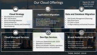 Our Cloud Offerings
Cloud Strategy
• Cloud Readiness Assessment
• ROI / TCO Analysis
• Cloud Technology Selection
• Cloud Architecture
• Cloud Security, Identity and Compliance
• Cloud Roadmap
Cloud Managed Services
• Security Updates
• Operating System Support
• Backup Management
• Preventive Maintenance
Dev-Ops Services
• Continuous Deployment with CI/CD
• Operations Framework
• Backup and disaster recovery operations
• Operational process and procedures
BI and Analytics on Cloud
• Data Integration Service
• Elastic Data Warehouse
• Azure Databricks Service
• Real time integration with IoT devices
Migrate SQL 2008
before Microsoft
Support ends
Data and Database Migration
• Data Quality Management (Cleansing)
• Data Governance
• ETL Data in Cloud
• Configure Backup and Archival Procedure
Application Migration
• Rehost (Lift and Shift)
• Re-Architect (Upgrade Architecture)
• Refactor (Enhance and Extend)
• Rebuild (Build New)
THINK. INVENT. SOLVE
 