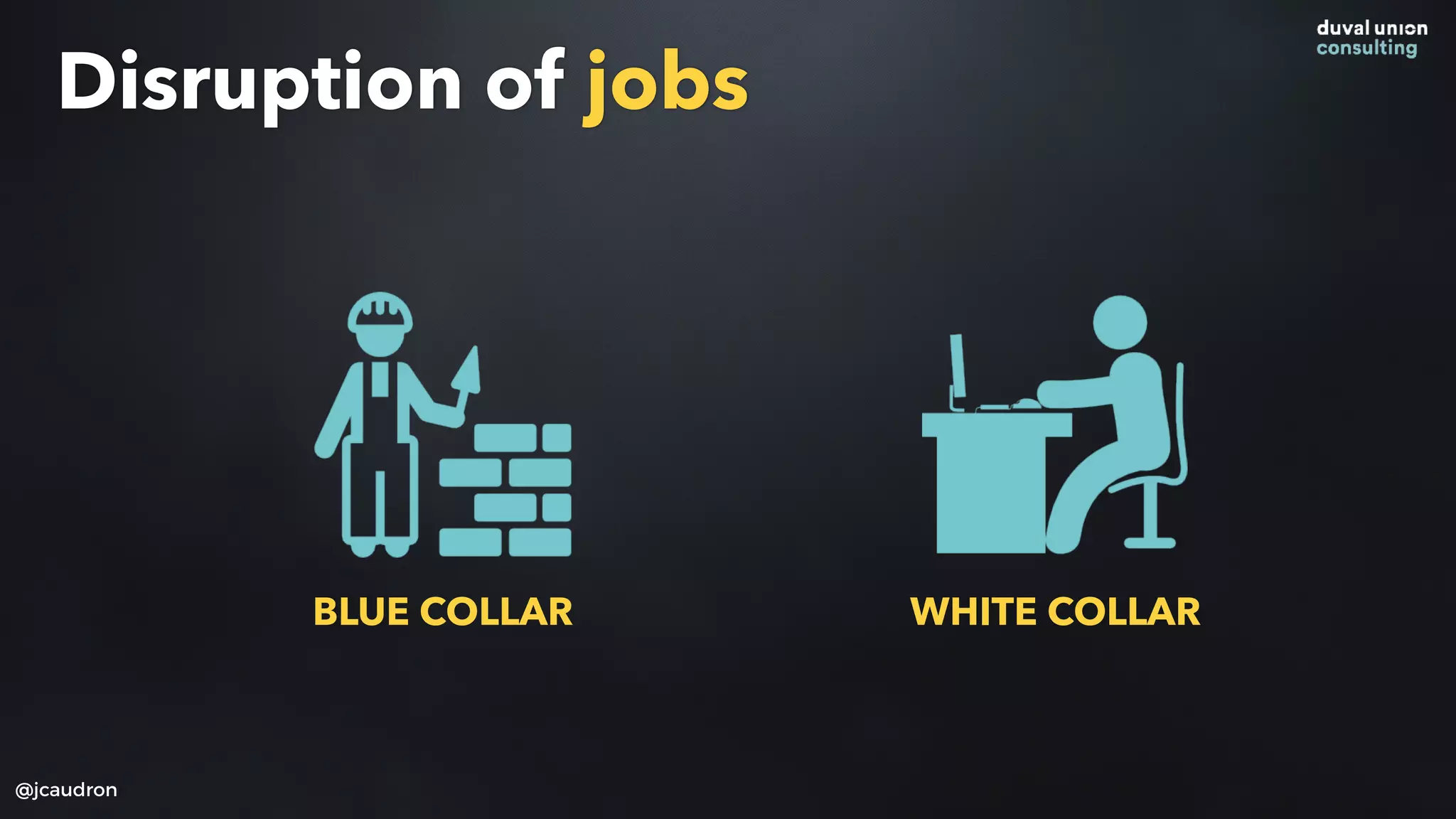 Disruption of jobs
WHITE COLLARBLUE COLLAR
@jcaudron
 