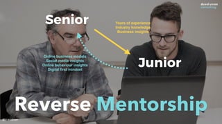 @jcaudron
Reverse Mentorship
Senior
Junior
Years of experience
Industry knowledge
Business insights
Online business models
Social media insights
Online behaviour insights
Digital ﬁrst mindset
 