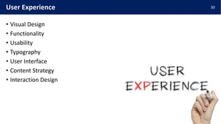 • Visual Design
• Functionality
• Usability
• Typography
• User Interface
• Content Strategy
• Interaction Design
30User Experience
 