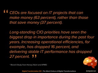 Digital Transformation 101 : The Silent Culture of Digital Transformations
‘‘
’’
CEOs are focused on IT projects that can
...