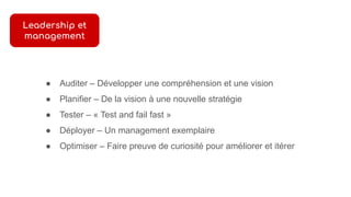 ● Auditer – Développer une compréhension et une vision
● Planifier – De la vision à une nouvelle stratégie
● Tester – « Test and fail fast »
● Déployer – Un management exemplaire
● Optimiser – Faire preuve de curiosité pour améliorer et itérer
Leadership et
management
 