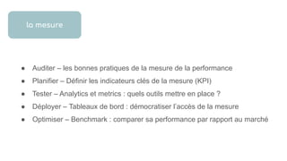● Auditer – les bonnes pratiques de la mesure de la performance
● Planifier – Définir les indicateurs clés de la mesure (KPI)
● Tester – Analytics et metrics : quels outils mettre en place ?
● Déployer – Tableaux de bord : démocratiser l’accès de la mesure
● Optimiser – Benchmark : comparer sa performance par rapport au marché
la mesure
 
