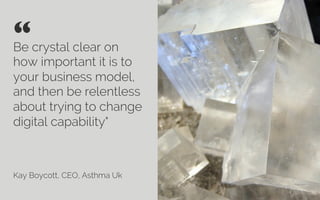 Be crystal clear on
how important it is to
your business model,
and then be relentless
about trying to change
digital capability"
Kay Boycott, CEO, Asthma Uk
“ 	

Credit: Wlodi
 