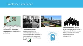 Employee Experience
Comunicação regular e
transparente, todos os
funcionários devem entender
como seus trabalhos impactam o
cliente, explicando os objetivos
da empresa com experiência do
cliente.
Programas de reconhecimento e
recompensas, possibilitar
equilíbrio entre vida pessoal e
profissional
Empoderamento de pessoas
através de capacitação, acesso a
indicadores de cliente, e escopo
maior que a função, quando
possível. Incentivar
protagonismo.
 