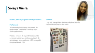 Soraya Vieira
Paulista, filha de pai goiano e mãe paranaense.
Profissional
Atualmente participando das frentes de
governança, e liderando casos de uso e
assuntos pontuais.
Mais de 18 anos de experiência ajudando
empresas a alcançar resultados através de
tecnologia e foco no cliente. MBA em gestão
empresarial pela FGV.
Hobbies
Ler, sair com amigos, viajar e colecionar ima de
geladeira dos lugares que viajo.
 