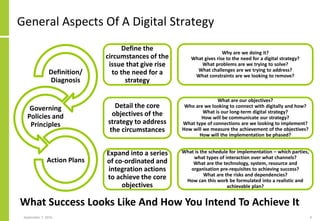 General Aspects Of A Digital Strategy
Definition/
Diagnosis
Governing
Policies and
Principles
Action Plans
September 7, 2016 9
Define the
circumstances of the
issue that give rise
to the need for a
strategy
Detail the core
objectives of the
strategy to address
the circumstances
Expand into a series
of co-ordinated and
integration actions
to achieve the core
objectives
Why are we doing it?
What gives rise to the need for a digital strategy?
What problems are we trying to solve?
What challenges are we trying to address?
What constraints are we looking to remove?
What are our objectives?
Who are we looking to connect with digitally and how?
What is our long-term digital strategy?
How will be communicate our strategy?
What type of connections are we looking to implement?
How will we measure the achievement of the objectives?
How will the implementation be phased?
What is the schedule for implementation – which parties,
what types of interaction over what channels?
What are the technology, system, resource and
organisation pre-requisites to achieving success?
What are the risks and dependencies?
How can this work be formulated into a realistic and
achievable plan?
What Success Looks Like And How You Intend To Achieve It
 