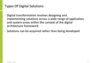 Types Of Digital Solutions
• Digital transformation involves designing and
implementing solutions across a wide range of a...