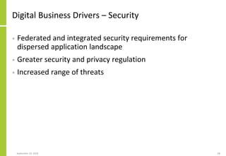 Digital Business Drivers – Security
• Federated and integrated security requirements for
dispersed application landscape
•...