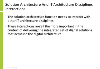 Solution Architecture And IT Architecture Disciplines
Interactions
• The solution architecture function needs to interact ...