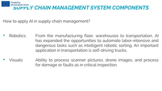 SUPPLY CHAIN MANAGEMENT SYSTEM COMPONENTS
How to apply AI in supply chain management?
• Robotics: From the manufacturing floor, warehouses to transportation, AI
has expanded the opportunities to automate labor-intensive and
dangerous tasks such as intelligent robotic sorting. An important
application in transportation is self-driving trucks.
• Visuals: Ability to process scanner pictures, drone images, and process
for damage or faults as in critical inspection.
 