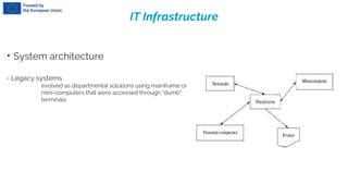 IT Infrastructure
• System architecture
- Legacy systems
evolved as departmental solutions using mainframe or
mini-computers that were accessed through "dumb“
terminals
 