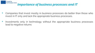 Importance of business processes and IT
• Companies that invest mostly in business processes do better than those who
invest in IT only and lack the appropriate business processes.
• Investments only in technology without the appropriate business processes
lead to negative returns
 