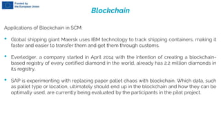 Blockchain
Applications of Blockchain in SCM:
• Global shipping giant Maersk uses IBM technology to track shipping containers, making it
faster and easier to transfer them and get them through customs.
• Everledger, a company started in April 2014 with the intention of creating a blockchain-
based registry of every certified diamond in the world, already has 2.2 million diamonds in
its registry.
• SAP is experimenting with replacing paper pallet chaos with blockchain. Which data, such
as pallet type or location, ultimately should end up in the blockchain and how they can be
optimally used, are currently being evaluated by the participants in the pilot project.
 