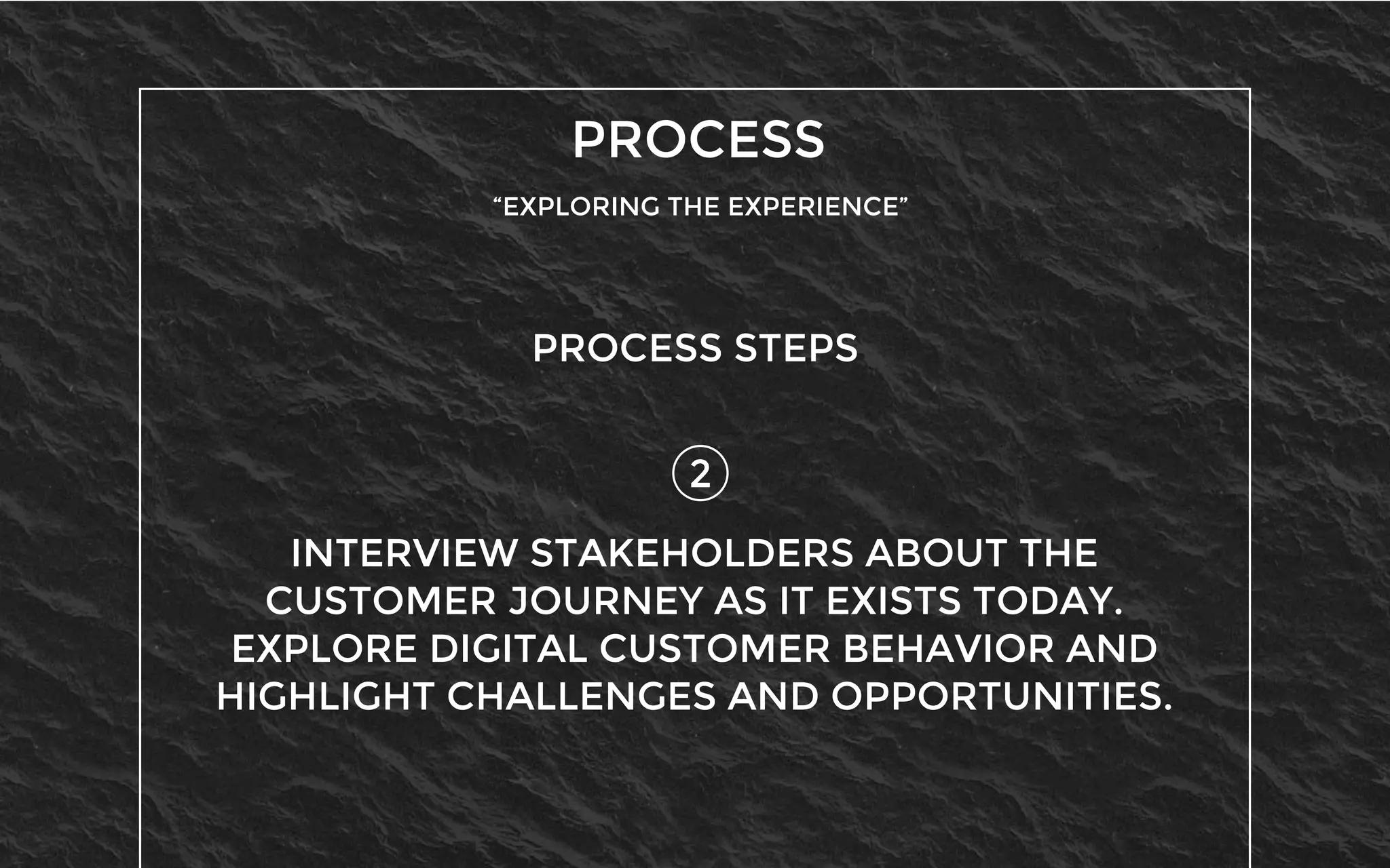 PROCESS
“EXPLORING THE EXPERIENCE”
2
PROCESS STEPS
INTERVIEW STAKEHOLDERS ABOUT THE
CUSTOMER JOURNEY AS IT EXISTS TODAY.
EXPLORE DIGITAL CUSTOMER BEHAVIOR AND
HIGHLIGHT CHALLENGES AND OPPORTUNITIES.
 
