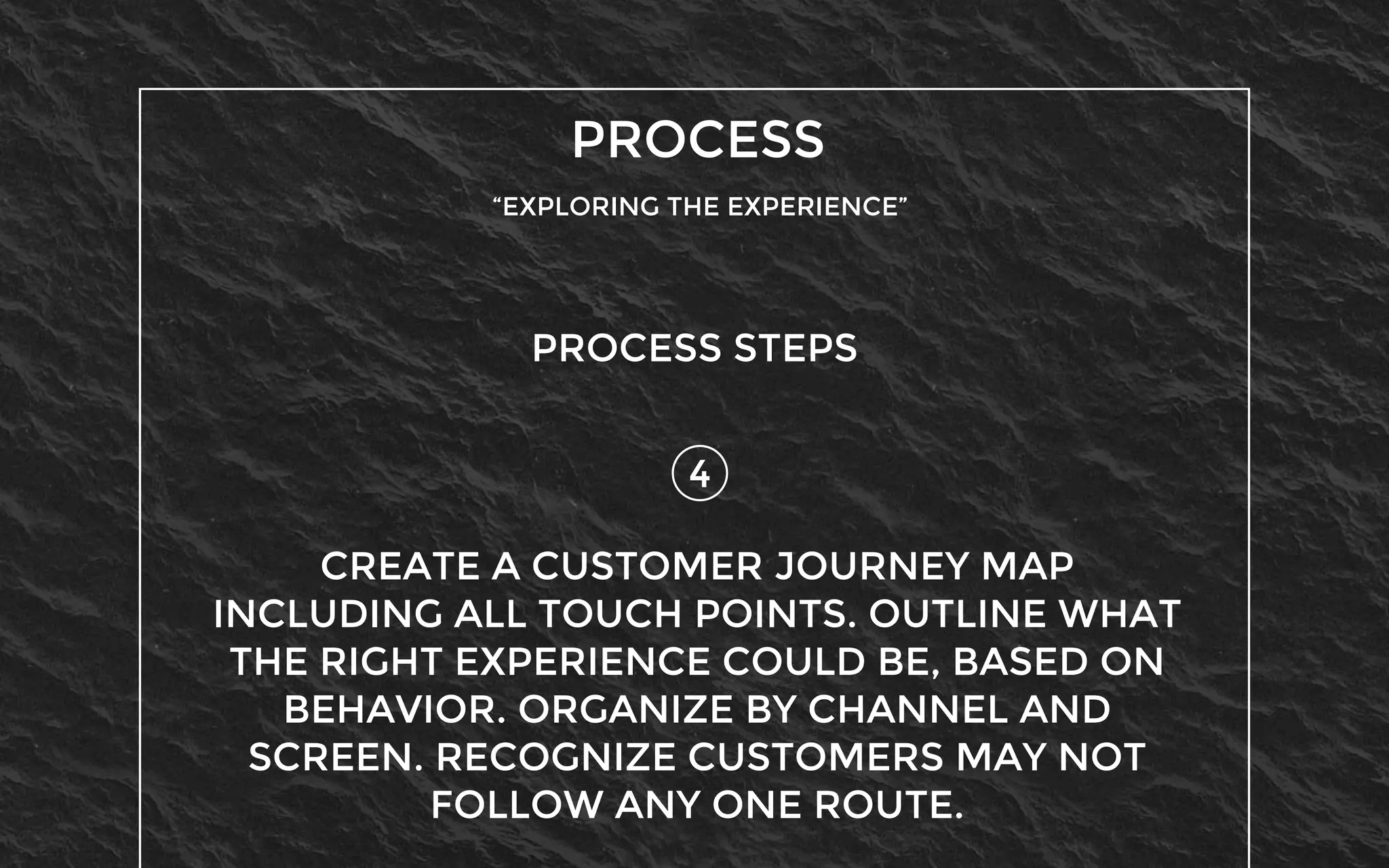 PROCESS
“EXPLORING THE EXPERIENCE”
4
PROCESS STEPS
CREATE A CUSTOMER JOURNEY MAP
INCLUDING ALL TOUCH POINTS. OUTLINE WHAT
THE RIGHT EXPERIENCE COULD BE, BASED ON
BEHAVIOR. ORGANIZE BY CHANNEL AND
SCREEN. RECOGNIZE CUSTOMERS MAY NOT
FOLLOW ANY ONE ROUTE.
 