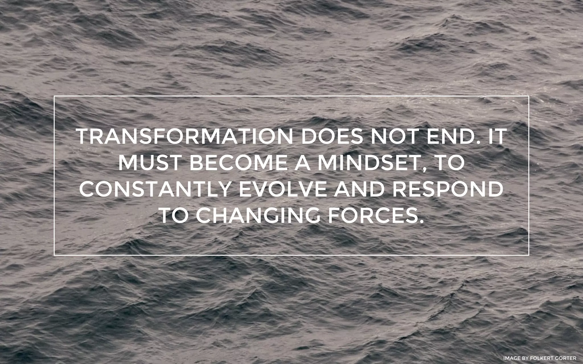 TRANSFORMATION DOES NOT END. IT
MUST BECOME A MINDSET, TO
CONSTANTLY EVOLVE AND RESPOND
TO CHANGING FORCES.
IMAGE BY FOLKERT GORTER
 
