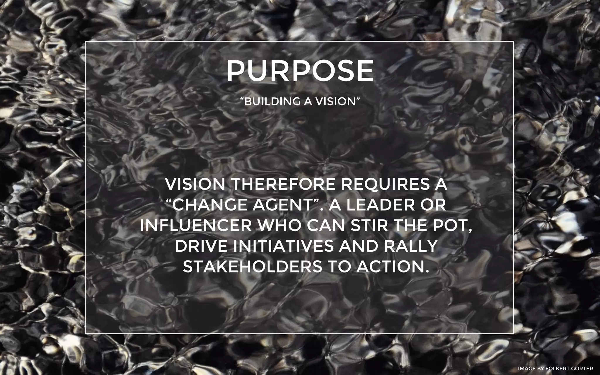 PURPOSE
“BUILDING A VISION”
VISION THEREFORE REQUIRES A
“CHANGE AGENT”. A LEADER OR
INFLUENCER WHO CAN STIR THE POT,
DRIVE INITIATIVES AND RALLY
STAKEHOLDERS TO ACTION.
IMAGE BY FOLKERT GORTER
 