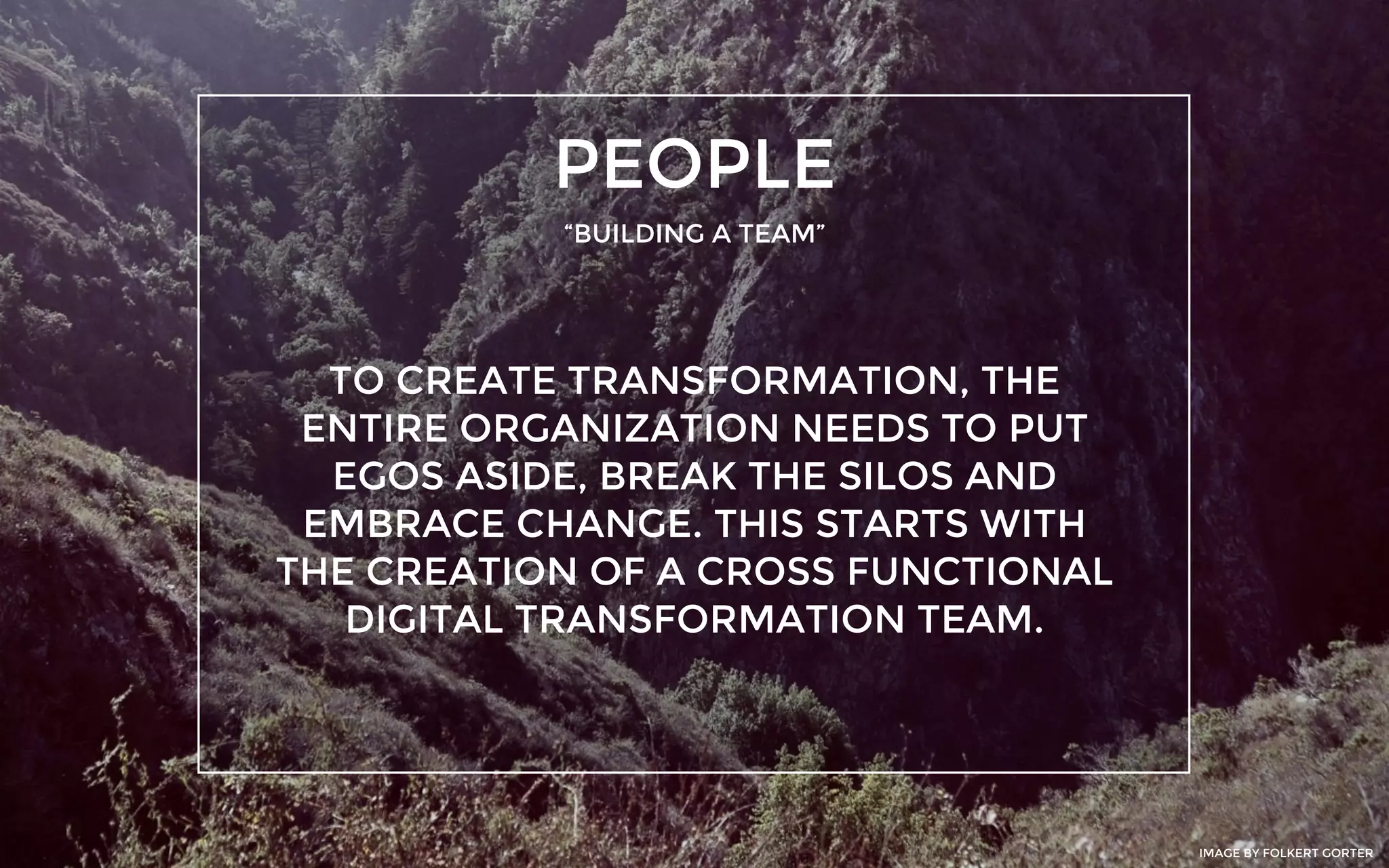 PEOPLE
“BUILDING A TEAM”
TO CREATE TRANSFORMATION, THE
ENTIRE ORGANIZATION NEEDS TO PUT
EGOS ASIDE, BREAK THE SILOS AND
EMBRACE CHANGE. THIS STARTS WITH
THE CREATION OF A CROSS FUNCTIONAL
DIGITAL TRANSFORMATION TEAM.
IMAGE BY FOLKERT GORTER
 