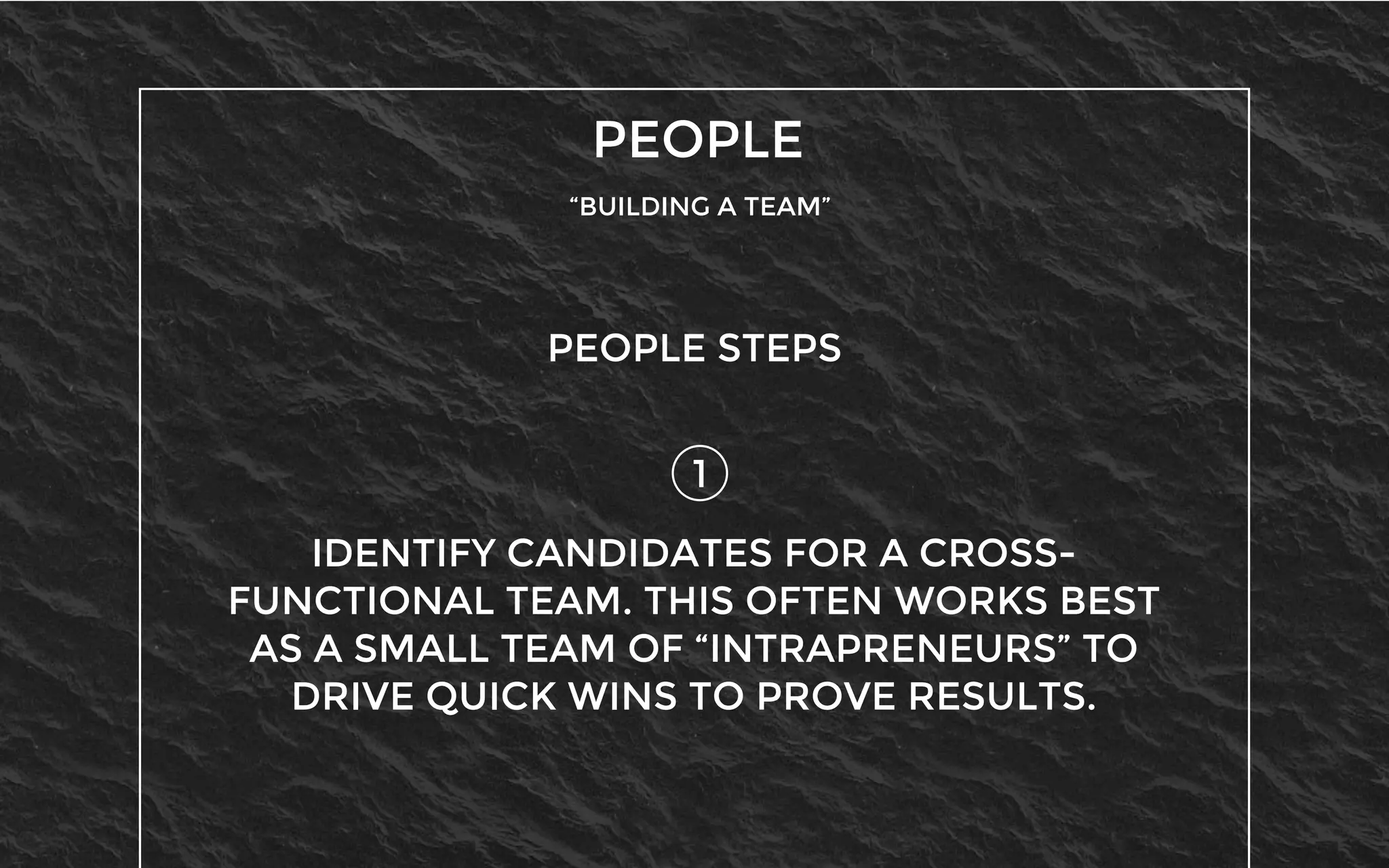 PEOPLE
“BUILDING A TEAM”
1
PEOPLE STEPS
IDENTIFY CANDIDATES FOR A CROSS-
FUNCTIONAL TEAM. THIS OFTEN WORKS BEST
AS A SMALL TEAM OF “INTRAPRENEURS” TO
DRIVE QUICK WINS TO PROVE RESULTS.
 