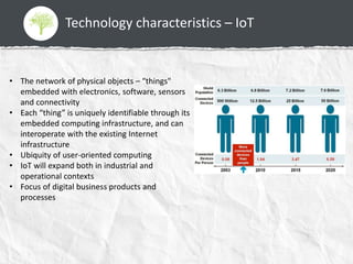 Technology characteristics – IoT
• The network of physical objects – “things"
embedded with electronics, software, sensors
and connectivity
• Each “thing” is uniquely identifiable through its
embedded computing infrastructure, and can
interoperate with the existing Internet
infrastructure
• Ubiquity of user-oriented computing
• IoT will expand both in industrial and
operational contexts
• Focus of digital business products and
processes
 