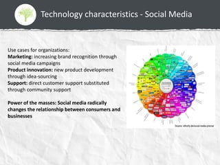 Technology characteristics - Social Media
Use cases for organizations:
Marketing: increasing brand recognition through
social media campaigns
Product innovation: new product development
through idea-sourcing
Support: direct customer support substituted
through community support
Power of the masses: Social media radically
changes the relationship between consumers and
businesses
 