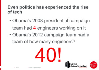 Even politics has experienced the rise
of tech

• Obama’s 2008 presidential campaign
team had 4 engineers working on it
• Obama’s 2012 campaign team had a
team of how many engineers?

40!

| 2013

| Digital Transformation

 
