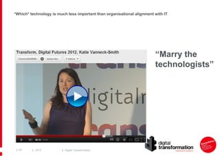 *Which* technology is much less important than organisational alignment with IT

“Marry the
technologists”

| 40

| 2013

| Digital Transformation

 