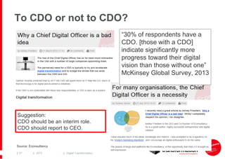 To CDO or not to CDO?
“30% of respondents have a
CDO. [those with a CDO]
indicate significantly more
progress toward their digital
vision than those without one”
McKinsey Global Survey, 2013

Suggestion:
CDO should be an interim role.
CDO should report to CEO.

Source: Econsultancy
| 57

| 2013

| Digital Transformation

 
