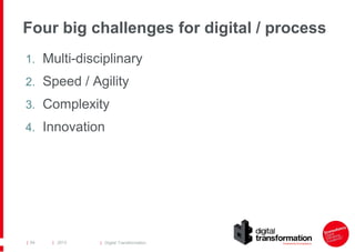 Four big challenges for digital / process
1. Multi-disciplinary
2. Speed / Agility
3. Complexity
4. Innovation

| 64

| 2013

| Digital Transformation

 
