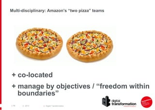 Multi-disciplinary: Amazon’s “two pizza” teams

+ co-located
+ manage by objectives / “freedom within
boundaries”
| 66

| 2013

| Digital Transformation

 