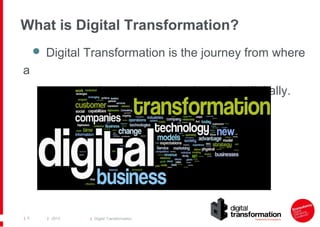 What is Digital Transformation?
 Digital Transformation is the journey from where

a
company is, to where it aspires to b...